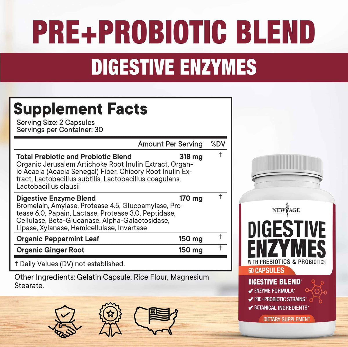 NEW AGE Digestive Enzymes for Gut Health - Probiotic Multi Enzymes with Prebiotics and Probiotics with Lipase for Women and Men for Digestive Health