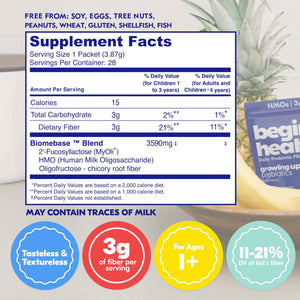 Begin Health Growing Up Prebiotics for Kids 28-Packs - Prebiotic Soluble Powder Stool Softeners and Digestive Gut Health Supplement - Ideal to Mix with Kids Daily