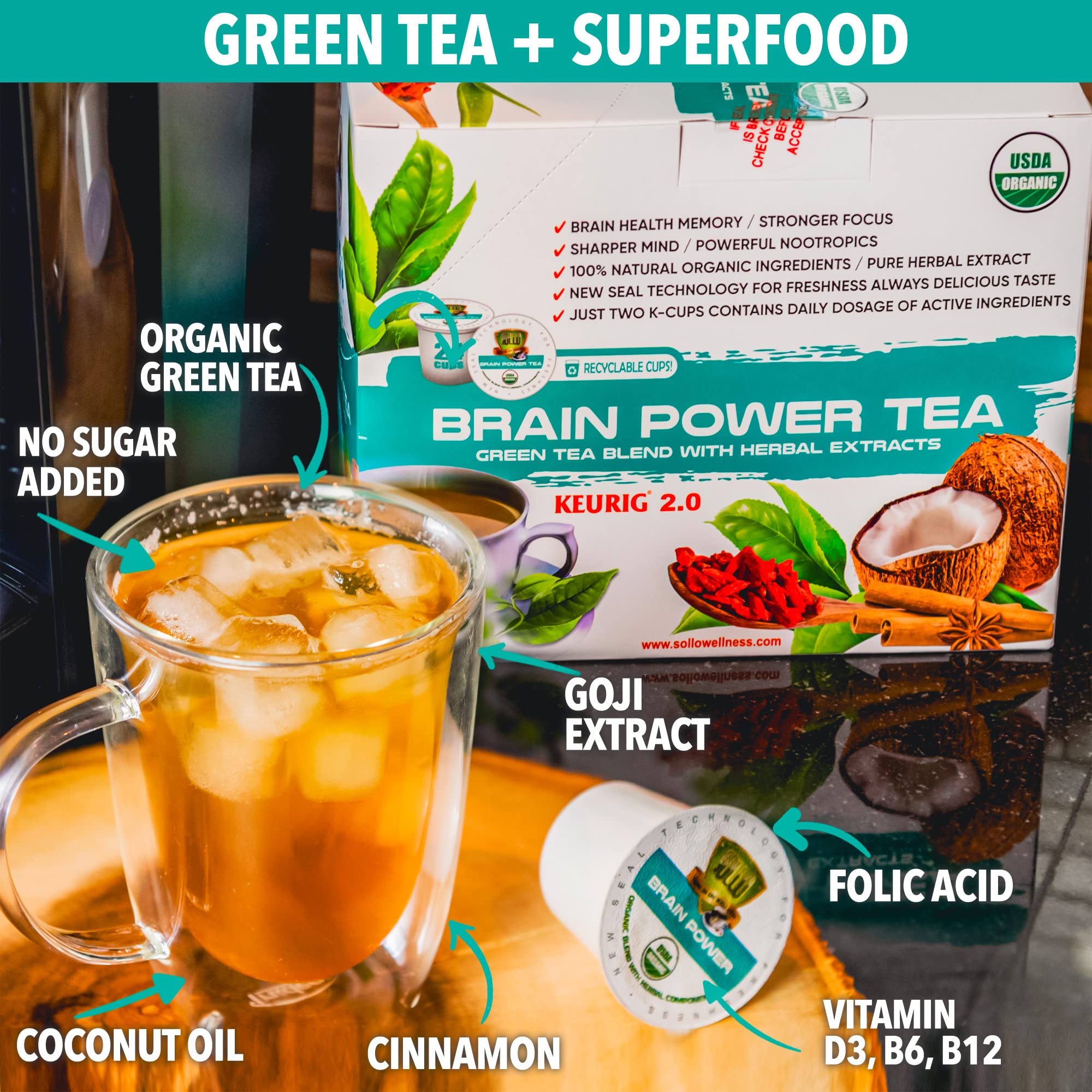 SOLLO Brain Power Organic Green Tea Pods with MCT, Acai & Essential nutrition, Nootropic Brain Booster- Improves Memory & Focus Compatible with 2.0 K-Cup Keurig Brewers, 24 Ct