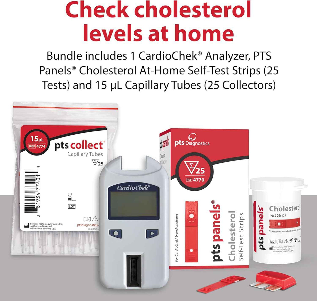 CardioChek Cholesterol Home Test System Bundle, Fast 45-Second Testing - CardioChek At-Home Analyzer, PTS Panels Cholesterol At-Home Self-Test Strips (25 Tests), Capillary Tubes (25 Count)