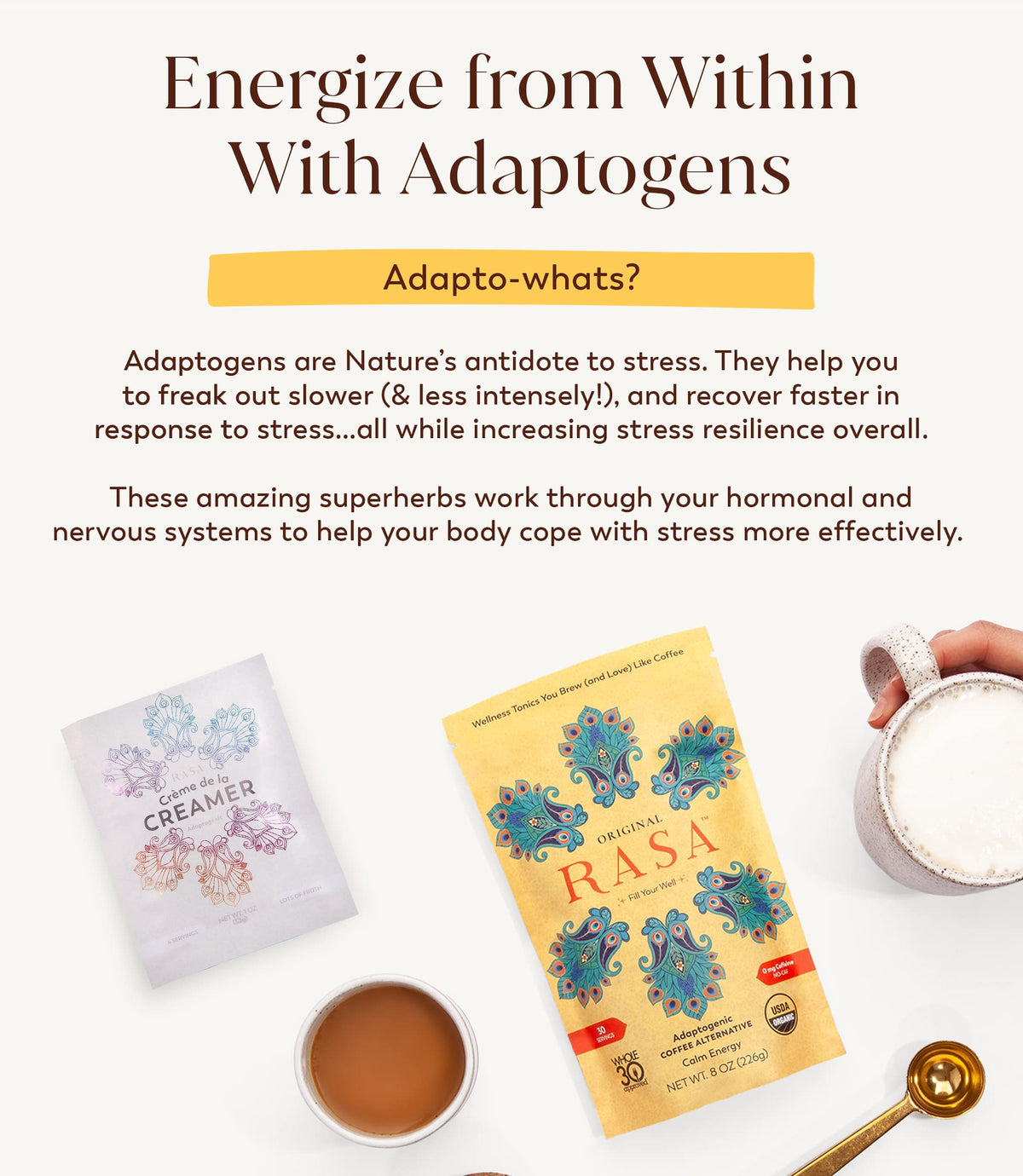 RASA Original Adaptogenic Coffee Alternative & Crème de la Creamer Bundle | Ayurveda Mushroom Wellness Tonic & Adaptogen Powdered Non-Dairy Creamer with MCT Oil — Vegan, Whole 30, Keto (30 Servings)
