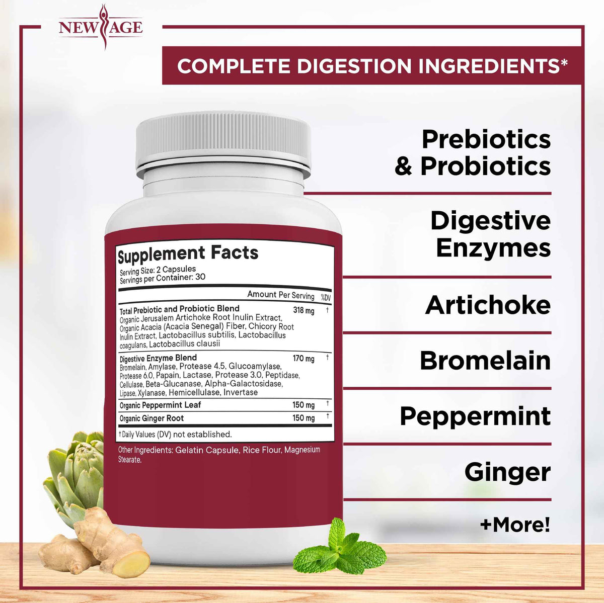 NEW AGE Digestive Enzymes for Gut Health - Probiotic Multi Enzymes with Prebiotics and Probiotics with Lipase for Women and Men for Digestive Health