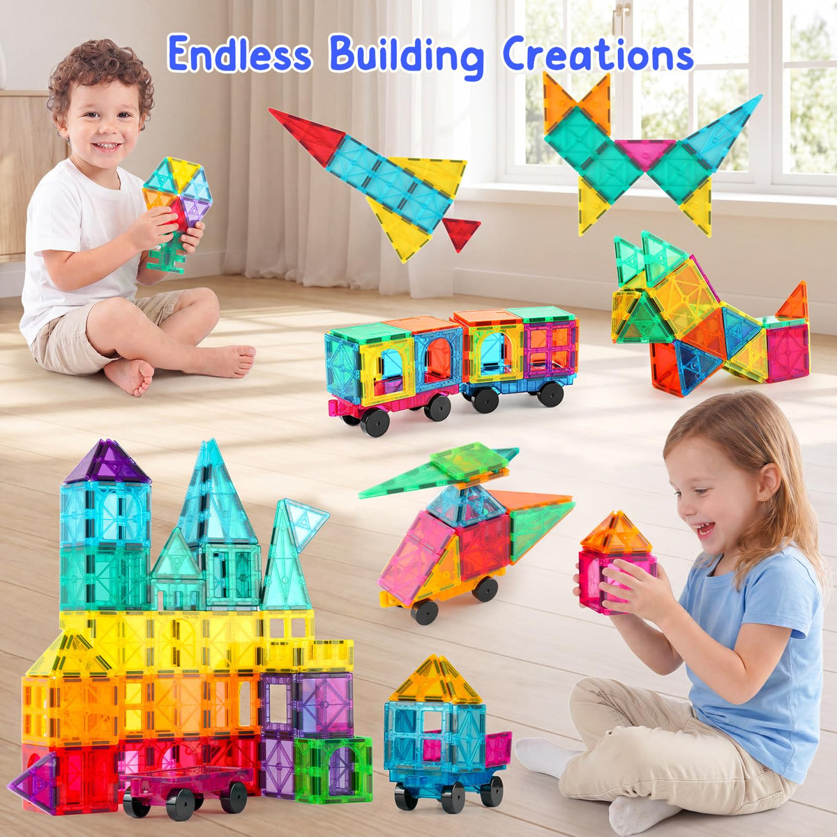 Bmag 100PCS Magnet Building Blocks with 2 Cars for Kids, Magnetic Tiles Stacking Building Set for Boys Girls, STEM Preschool Educational Learning Construction Toy