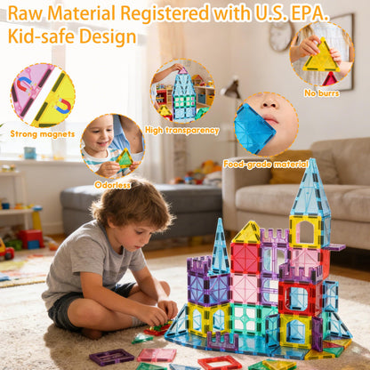 HAPPYMATY Next-Gen Antibacterial Magnetic Tiles, 124PCS Building Blocks Set