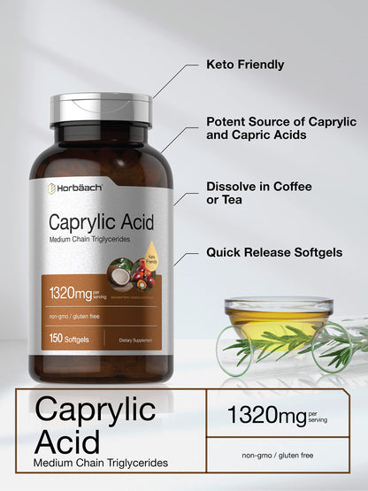 Horbaach Caprylic Acid Supplement 1320mg | 150 Softgel Capsules