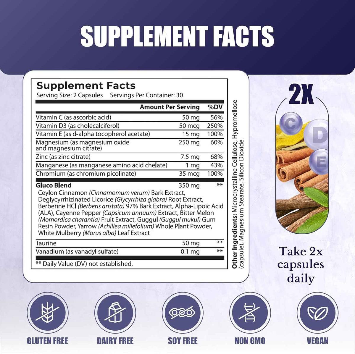 Gluco24 - Supplements with Berberine, Ceylon Cinnamon - Bitter Melon, Vegan, Non GMO. 30 Days Supply. 60 Capsules