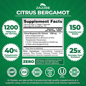 Zazzee Citrus Bergamot 25:1 Extract, 1200 mg Per Serving, 40% Polyphenolic Flavanones, 150 Vegan Capsules, 5 Month Supply, Citrus Bergamia, Antioxidant Support, Certified Kosher, Non-GMO, Made in USA ZazzeeBuy Supplements Australia