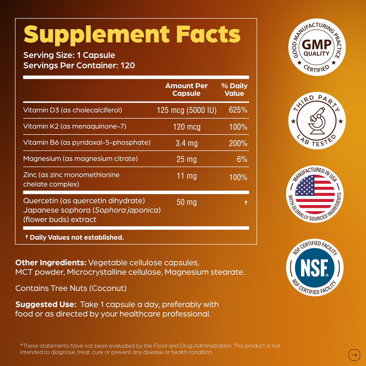Sandhu's Vitamin D3 K2 Magnesium 5000 IU, 120mcg K2 Capsules 120 Count (Pack of 1) - with VIT B6, Zinc & Quercetin - D3K2 Supports Superior Absorption
