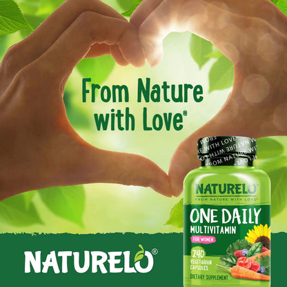NATURELO One Daily Multivitamin for Women w/Vitamin B12, 240 Ct, Energy Support, Whole Food Daily Women Multivitamin Supplement, Nourish Hair/Skin/Nail, Non-GMO, No Soy, Gluten Free, 8 Month Supply