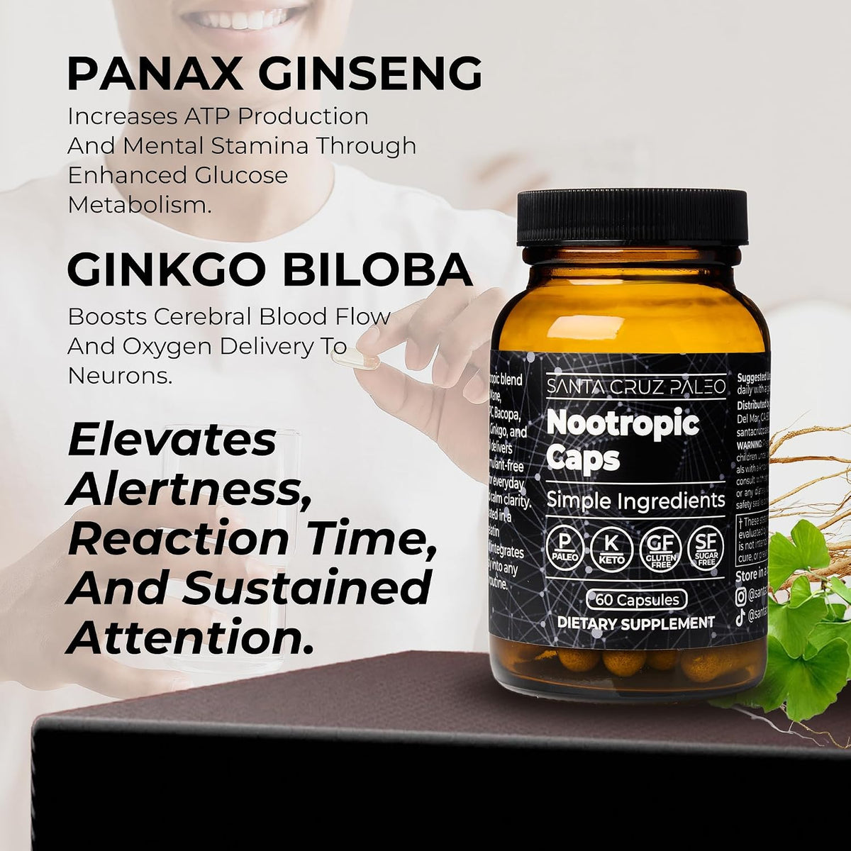 Santa Cruz Paleo Nootropic Capsules - Lions Mane, Alpha GPC, Panax Ginseng & Ginkgo Biloba for Focus, Memory, Mental Clarity & Energy - Keto, Paleo, Gluten Free Brain Supplement, 60 Caps