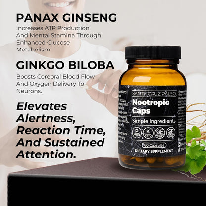 Santa Cruz Paleo Nootropic Capsules - Lions Mane, Alpha GPC, Panax Ginseng & Ginkgo Biloba for Focus, Memory, Mental Clarity & Energy - Keto, Paleo, Gluten Free Brain Supplement, 60 Caps