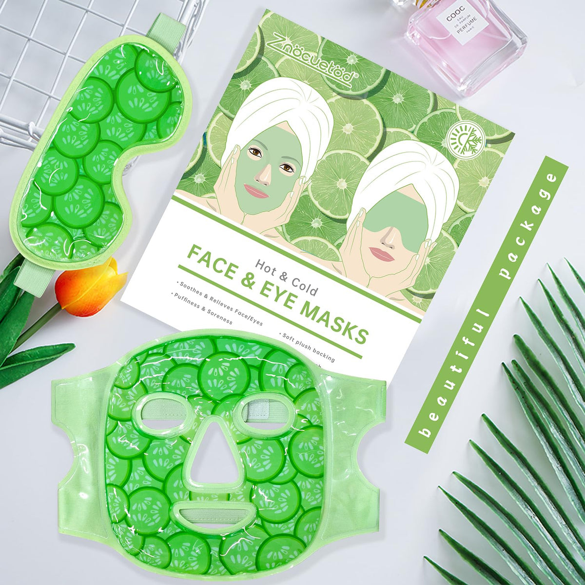 ZNÖCUETÖD Eye & Face Ice Mask (Cucumber Green) – Refreshing Gel Pack for Puffy Eyes, Dark Circles, Migraines & Sinus Relief | Soft Plush Backing