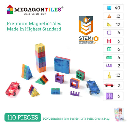 MEGAGONTILES 110PCS Premium Magnetic Tiles Set | STEM-Authenticated Magnetic Building Blocks | Educational Construction Toy for Kids Ages 3–8 (Boys & Girls)
