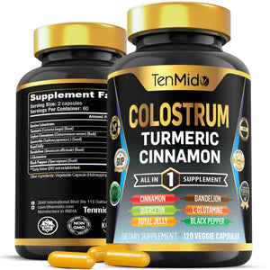 Tenmido Colostrum Supplement - 8in1 Formula - Combine with Turmeric, Ceylon Cinnamon, Quercetin, Royal Jelly, Dandelion, L- Glutamine, and Black Pepper - Digestive Health Support - 120 Capsules