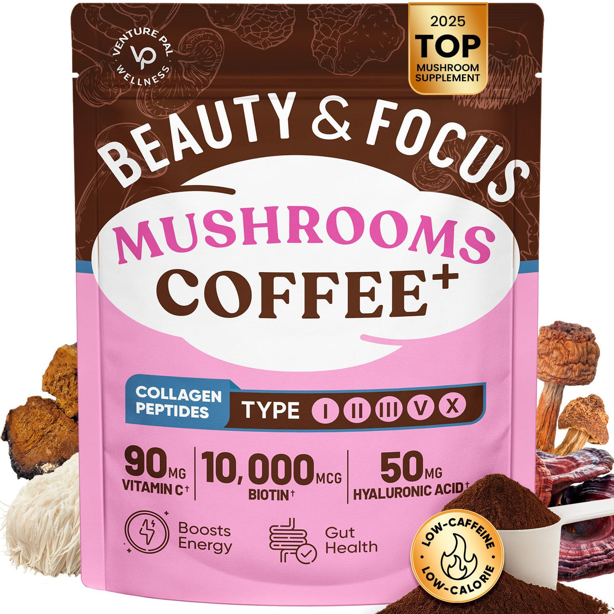 Venture Pal Mushroom Coffee, 12 Mushrooms, Focus & Digestion, 40 Servings - 12 Adaptogenic Mushrooms with Lion's Mane, Cordyceps, Reishi, Turkey Tail, Ashwagandha & Probiotics, Low Caffeine & Calories