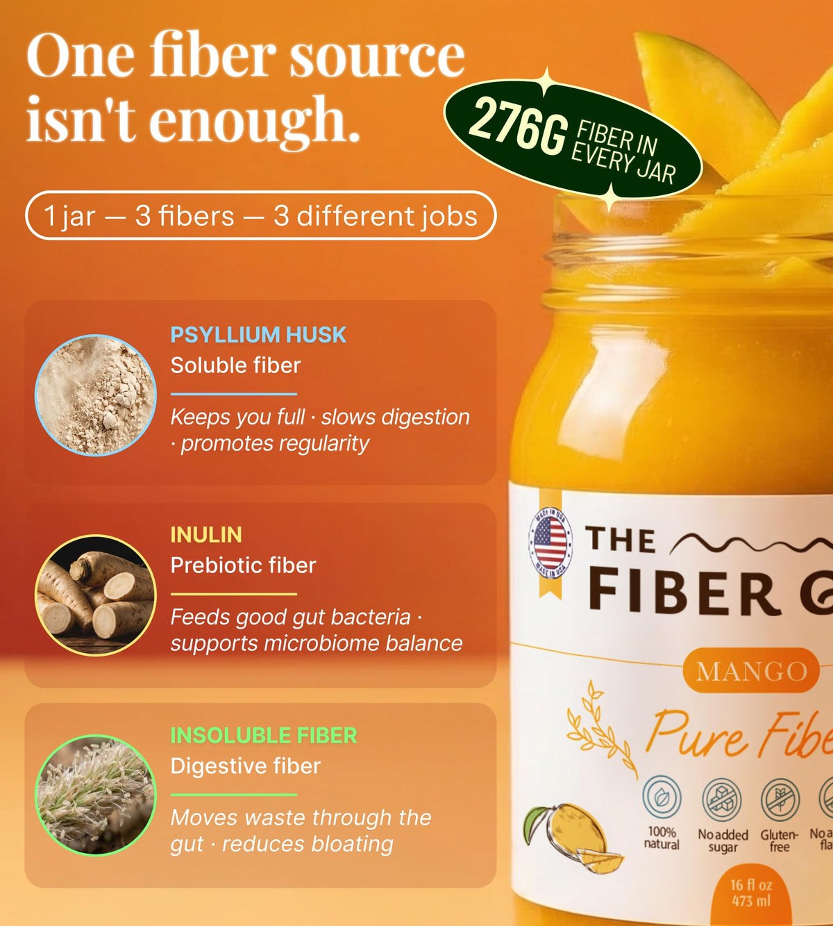 The Fiber Gel High Dietary Fiber Prebiotic Gel Formula — 100% Natural & Clean Label — Plant-Based Psyllium Husk & Inulin Complex — Keto Friendly, Vegan, No Added Sugar — Mango, 16 oz