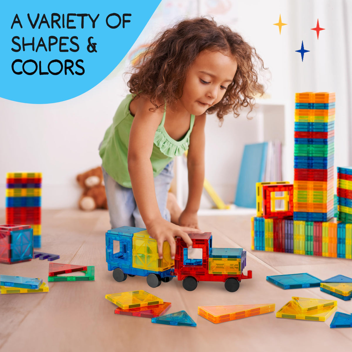 SUNNY AUNTIE Magnetic Tiles 100 PCS with 2 Cars – Magnetic Building Tiles STEM Toy for Kids Ages 3-8, Magnet Construction Set for Boys & Girls