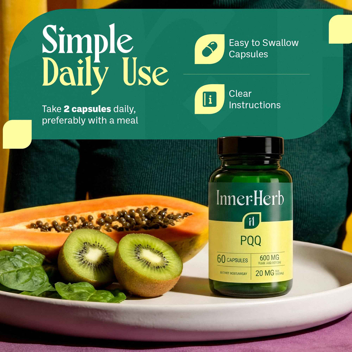 InnerHerb Pyrroloquinoline Quinone PQQ Daily Capsule - Supplement for Adults (60 Capsules, 30 Servings) (20mg Per Serving)