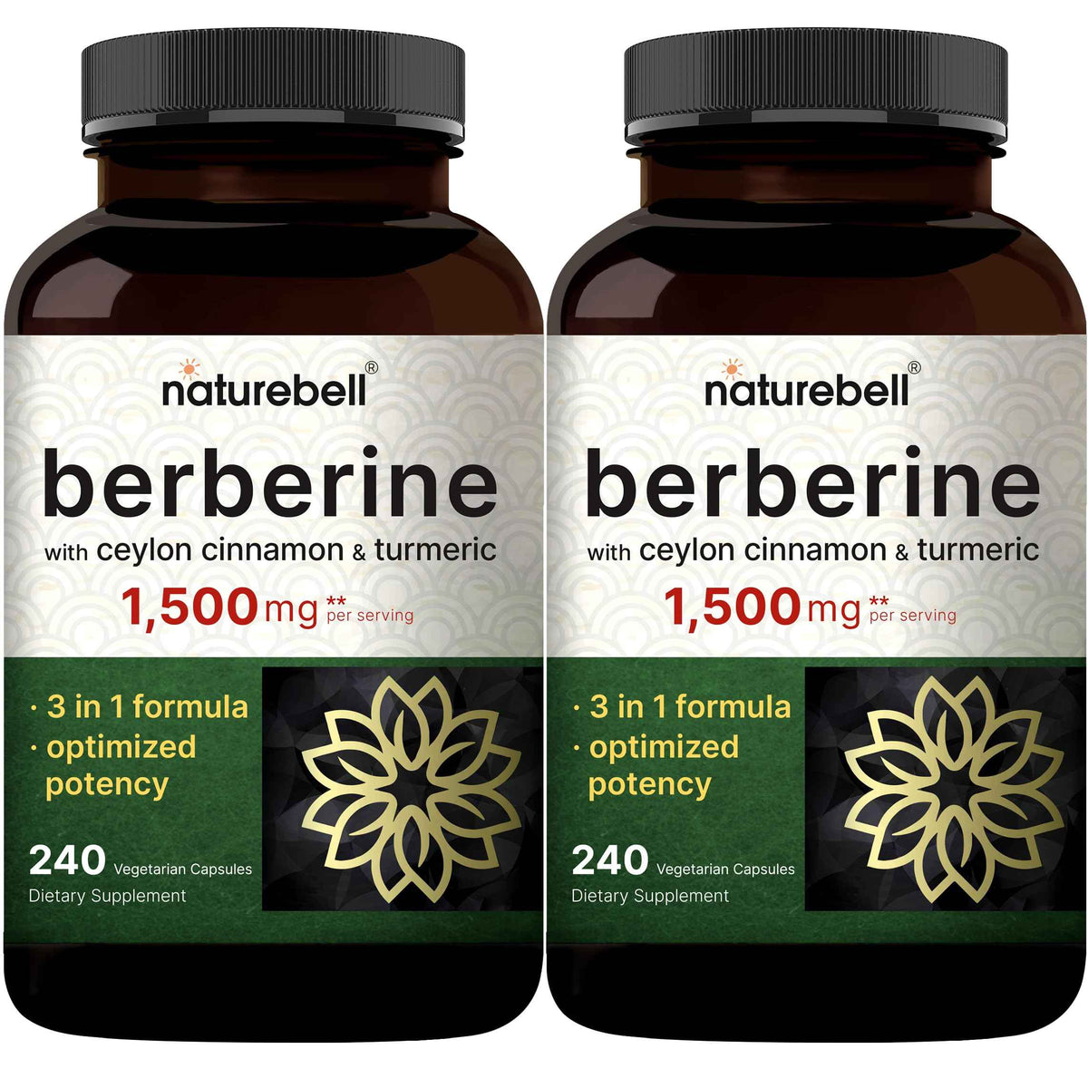 NatureBell Berberine Supplement 1,500mg with Ceylon Cinnamon & Turmeric Root, 240 Veggie Capsules - 97% Pure Berberine HCL - Supports Balanced Sugar Levels & Heart Health - Vegan, Non-GMO