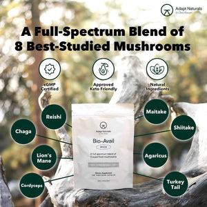 Adapt Naturals Bio-Avail Myco, 8-in-1 Superfood Mushroom Supplement Complex - Lions Mane, Chaga, Cordyceps, Reishi, Shiitake, Tremella, Turkey Tail, Maitake - Immune & Cognitive Function - 30 Day Supply
