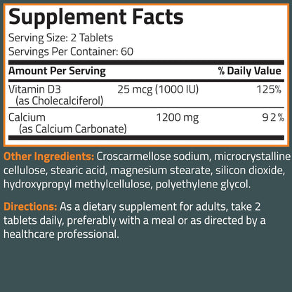 Bronson Calcium 1200 mg + Vitamin D3 1000 IU for Bone Health, 120 Tablets - High Potency Formula, Non-GMO, Gluten-Free & Soy-Free