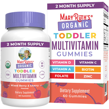MaryRuth's Toddler Multivitamin Gummies - USDA Organic - 2 Month Supply - Kid & Toddlers Age 2+ Daily Multivitamin: Vitamin C, D3, Zinc - Kids Vitamins - Only 1 Gummy Per Day - 60 Ct (60 Day Supply)