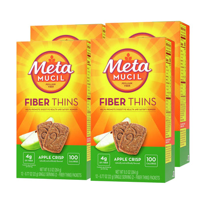 Metamucil, Fiber Thins, Daily Psyllium Husk Fiber Supplement, Supports Digestive Health and Satisfies Hunger, Apple Crisp Flavor, 48 Total Servings (4 Packs of 12)