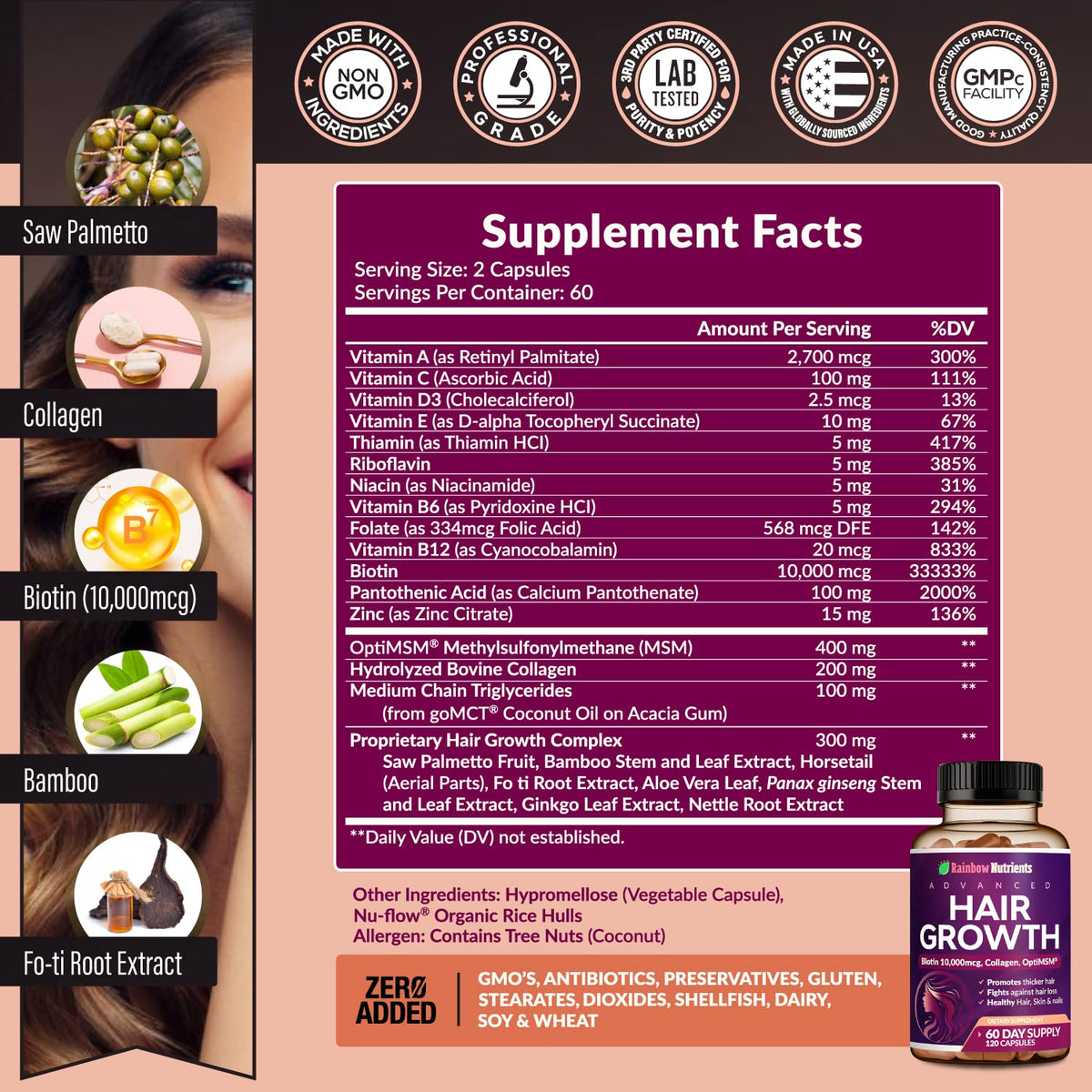 Hair Growth Vitamins for Women - Biotin 10,000mcg, Collagen, Patented OptiMSM, goMCT