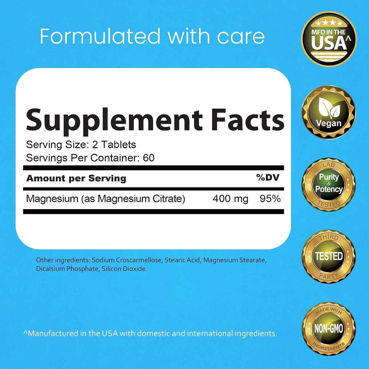 NaturaLife Labs Magnesium Citrate 400 mg per Serving - 120 Tablets, Vegan, Non-GMO