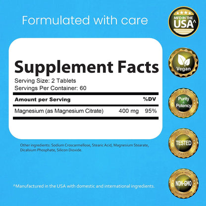 NaturaLife Labs Magnesium Citrate 400 mg per Serving - 120 Tablets, Vegan, Non-GMO