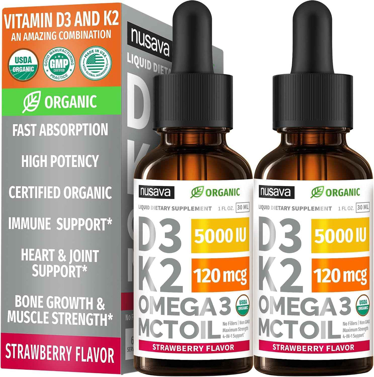 NUSAVA Unflavored D3 K2, Strawberry Flavored D3 K2 & Vitamin B12 Liquid Drops Bundle - Daily Wellness Liquid Vitamins for Energy & Immune Support - Non-GMO, Gluten-Free, 2pk Each