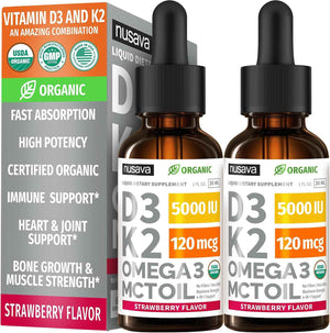NUSAVA Unflavored D3 K2, Strawberry Flavored D3 K2 & Vitamin B12 Liquid Drops Bundle - Daily Wellness Liquid Vitamins for Energy & Immune Support - Non-GMO, Gluten-Free, 2pk Each