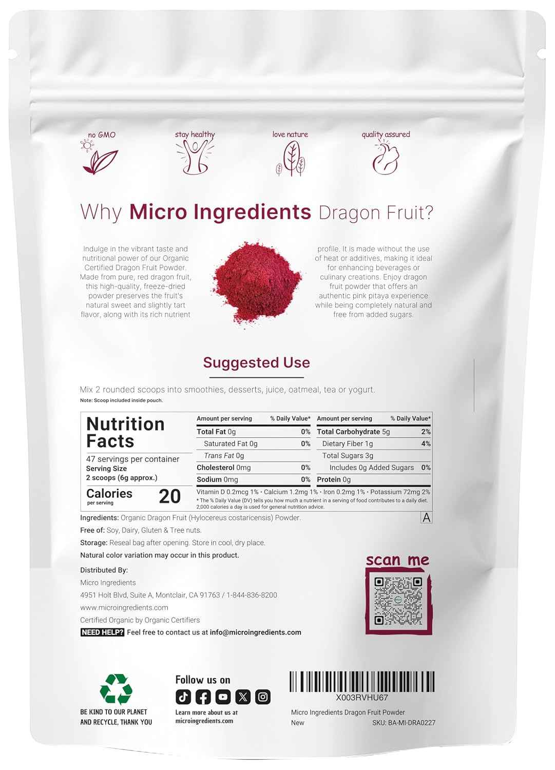 Micro Ingredients Organic Dragon Fruit Powder, 10oz - Natural Fruit Flavor - Freeze-Dried Pink Pitaya Source - No Sugar & Additives - Great for Drinks, Smoothie, & Beverages - Non-GMO & Vegan Friendly