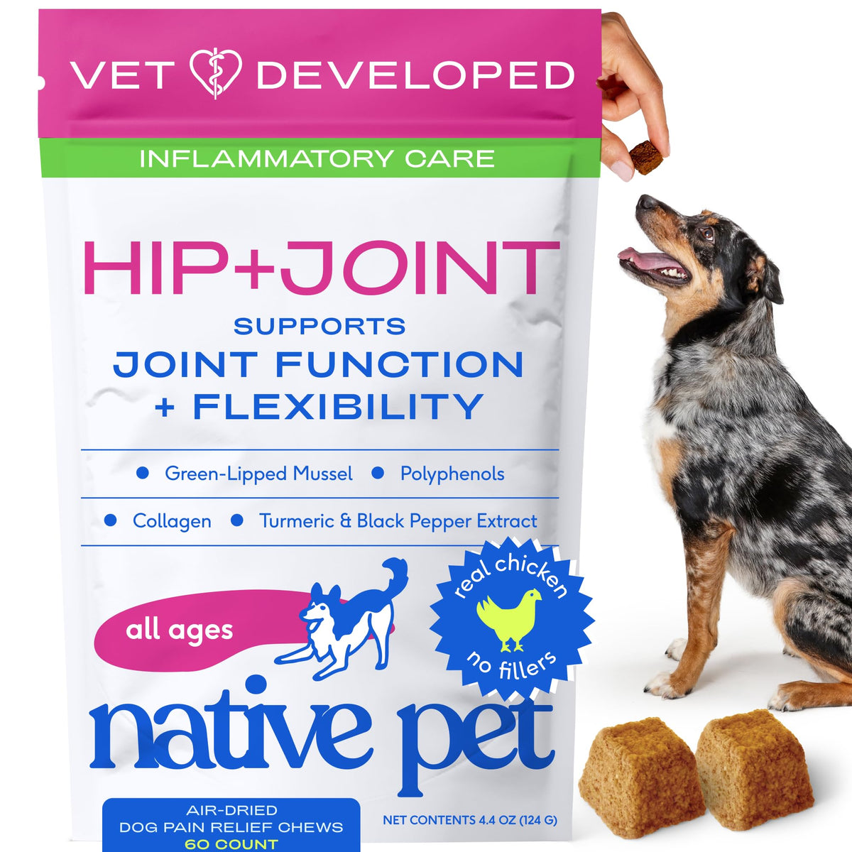 Native Pet Inflammatory Care - Pain Relief for Dogs - Green-Lipped Mussel, Turmeric & Collagen for Dogs - Hip and Joint Supplement Supports Healthy Inflammatory Response & Joint Comfort - 60 Chews Native PetBuy Supplements Australia