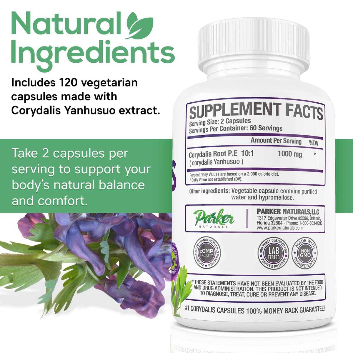 Pure Corydalis Root Extract Capsule - 1000mg Strength, 10:1 Corydalis Yanhusuo Extract, Natural Relief, Long Lasting, 100% Vegetarian, 60 Servings, 120 Count