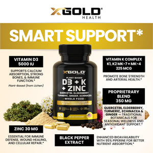 Vitamin D, K2, K1, Zinc, Quercetin, Elderberry, Turmeric, Ginger & Echinacea Whole Food Supplement 8 in 1- D3 5000 IU Plant-Based from Lichen, Vitamin K (K2 MK7, MK4, K1), D3 K2 Vitamins -120 Capsules X Gold Health buy supplements Au