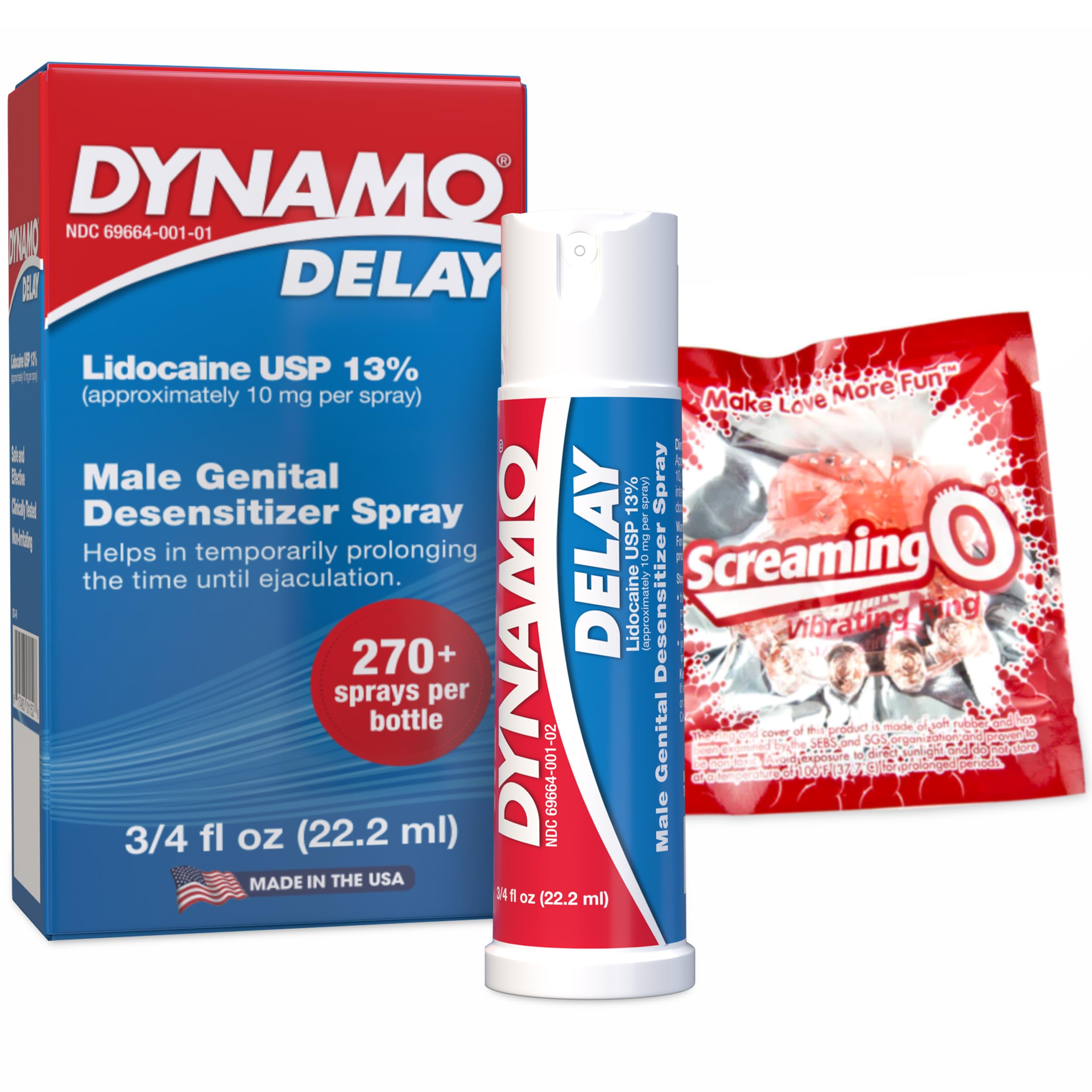 Dynamo Delay Desensitizing Spray for Men, Vibrating Cock Ring Combo, 1ct