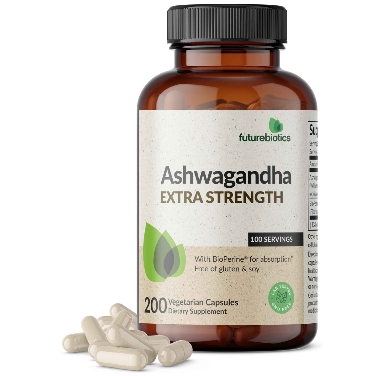 Futurebiotics Ashwagandha Extra Strength Stress & Mood Support 100 Capsules - Vegetarian, Non-GMO, Gluten-FREE, Soy-FREE, BioPerine for High Absorption