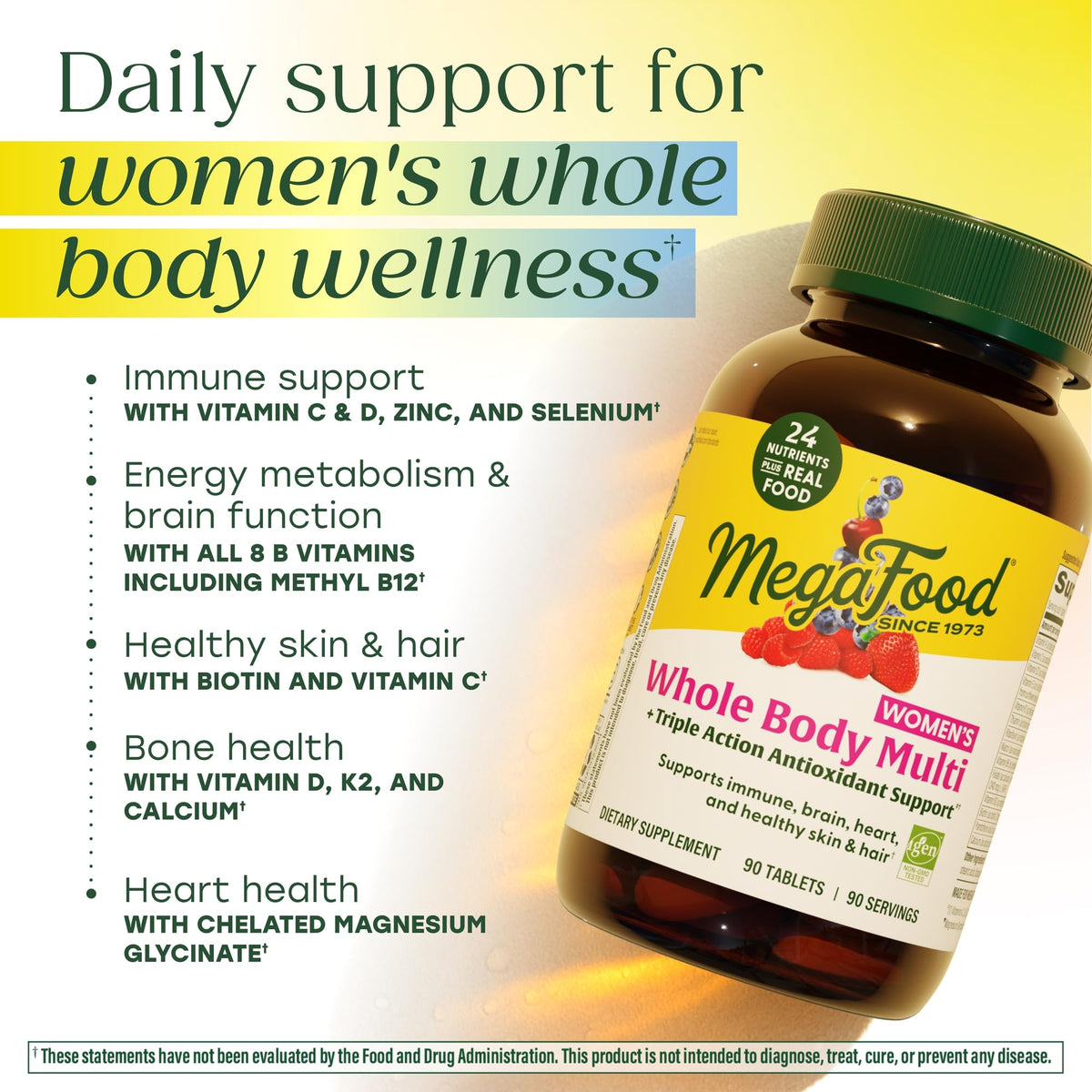 MegaFood Whole Body Methylated Multivitamin for Women - Womens Multivitamin with Magnesium Glycinate, Biotin & Methylcobalamin B12 Vitamins - Daily Energy & Immune Support - 90 Tablets, 90 Servings