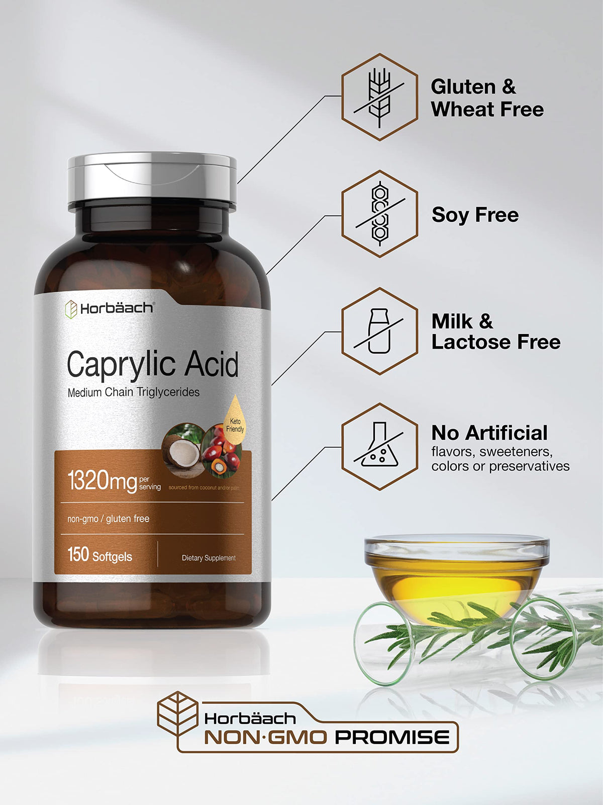 Horbaach Caprylic Acid Supplement 1320mg | 150 Softgel Capsules