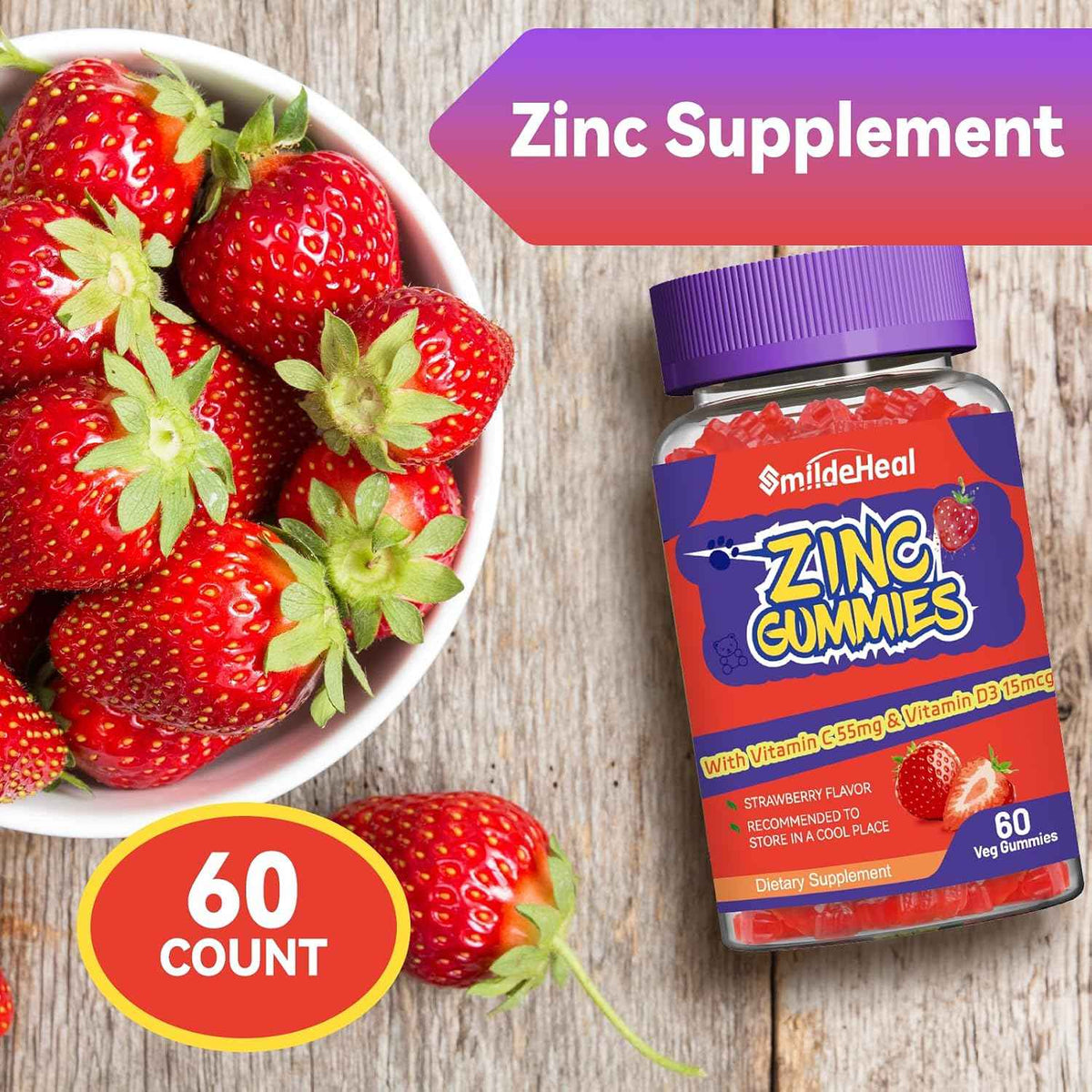 Zinc Gummies, Zinc 50mg, Zinc Citrate, with Vitamin C, Vitamin D3, 60 Count - Zinc Gummies, Zinc 50mg, Zinc Citrate, with Vitamin C, Vitamin D3, Strawberry Flavor Gummies, 60 Count