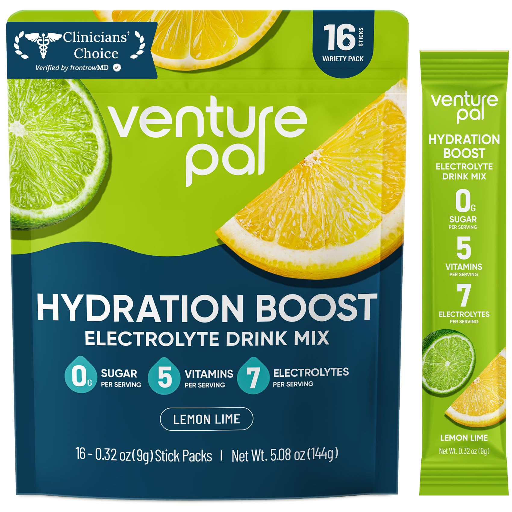 Venture Pal Sugar Free Electrolyte Powder Packets, Keto Friendly, 16 Sticks - Liquid Daily IV Hydration Packets for Rapid Rehydration. 7 Electrolytes & 5 Vitamins - Non-GMO - Vegan - Fast Dissolve