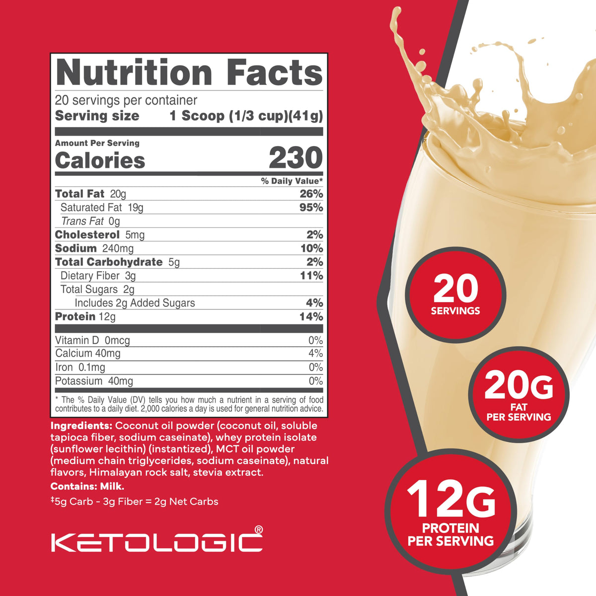 KetoLogic Keto Meal Replacement Shake Powder (Vanilla) 20 Servings