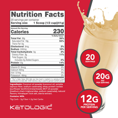 KetoLogic Keto Meal Replacement Shake Powder (Vanilla) 20 Servings