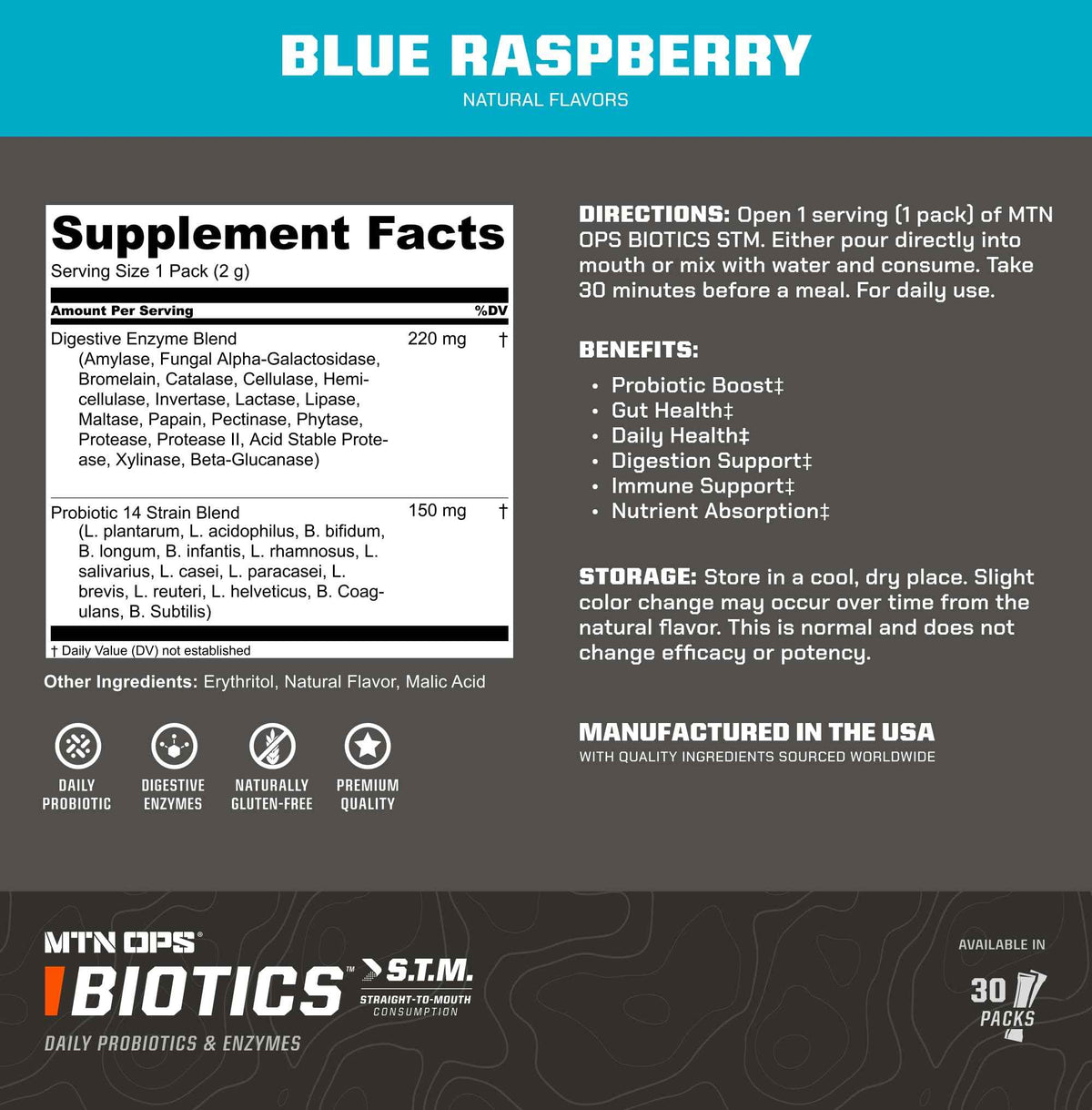 MTN OPS Biotics STM On‑the‑Go Probiotic Supplement for Gut Health, Digestion & Immune Support – Sugar‑Free, Natural Flavors Variety Pack, 30 Servings – Fast, Convenient Daily Gut Health Formula