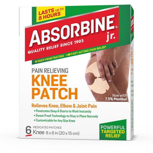 Absorbine Jr. Knee Pain Relief Patches - Menthol & Camphor Pain Patch for Knee, Joint, & Muscle Pain - Knee Pain Patch for Arthritis, Stiffness, & Soreness - Flexible, Up to 12 Hour Relief - 6 Count