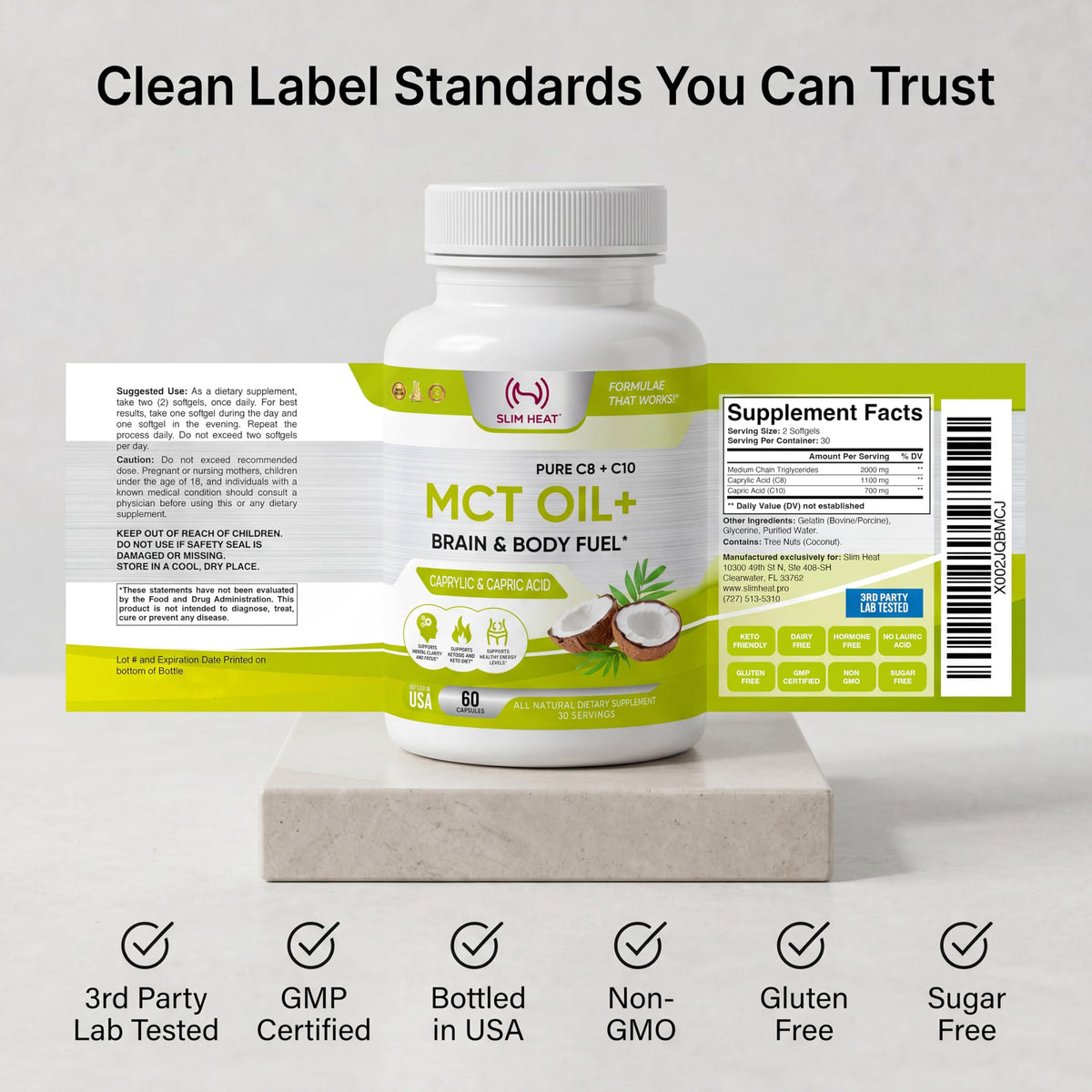 Slim Heat MCT Oil Capsules 2000mg - Pure C8 C10 Caprylic & Capric Acid Softgels, No Lauric Acid, Keto Coconut Fats Supplement for Energy Support, 60 Count (30-Day Supply)