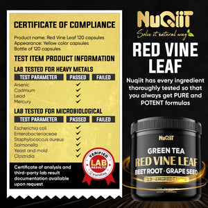 Red Vine Leaf Extract 15000mg Beet Root 3000mg Organic Green Tea 3000mg Supplement & More - Support Heart Health, Strength, Immune System & Body Management - 120 Vegan Capsules for 2-Month Supply NUQIITBuy Supplements Australia