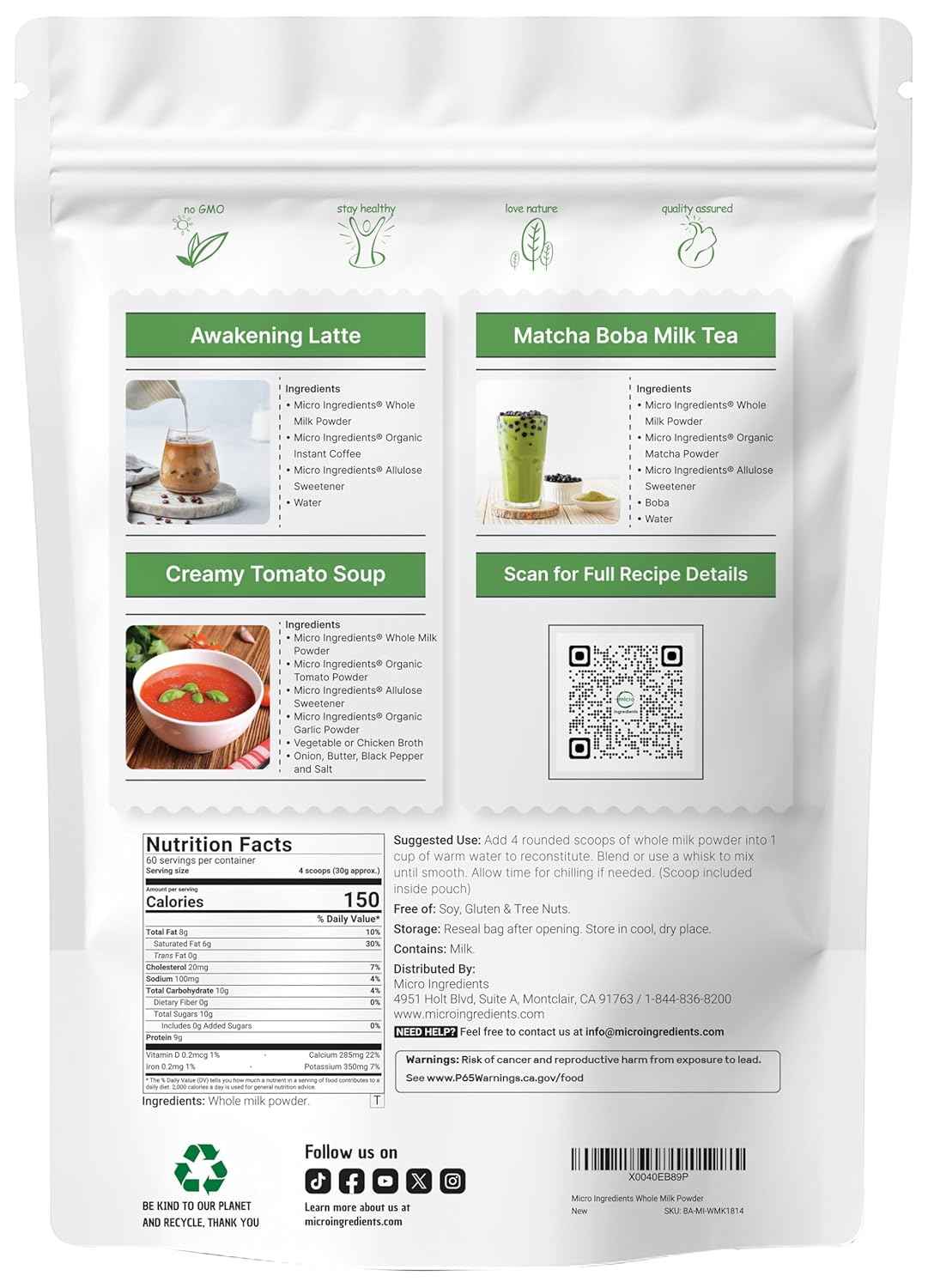 Micro Ingredients Whole Milk Powder, 4 lb - Pasture-Raised, rBST-Free - Pure & Rich in Protein - Ideal for Baking & Everyday Use - Non-GMO, Gluten-Free, Premium Grade