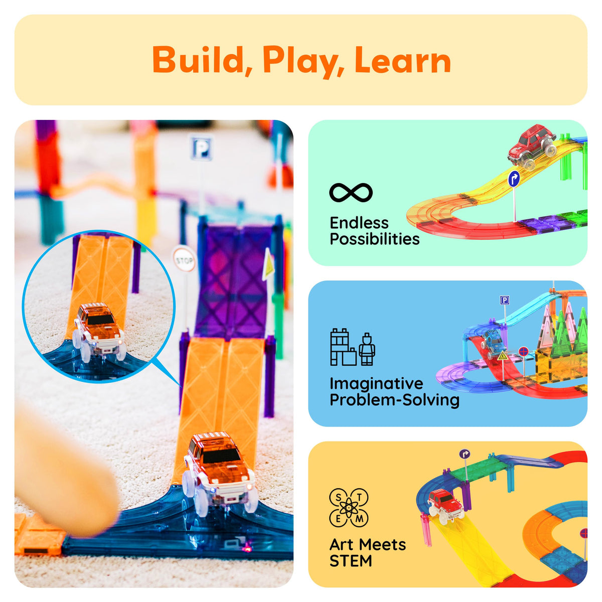 PicassoTiles 6 Piece Magnetic Tiles Race Track Ramp Accessories STEM Building Blocks Toys Magnet Tile Educational Construction Playset Boys Girls Brain Development and Creative Pretend Play Toy PTR06